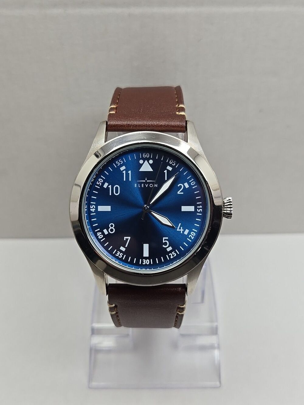 Elevon Hanson Blue Dial Pilot Watch Brown Leather Strap New Battery 42mm